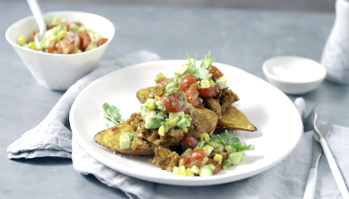 Loaded Mexican Baked Sweet Potato with Corn Salsa