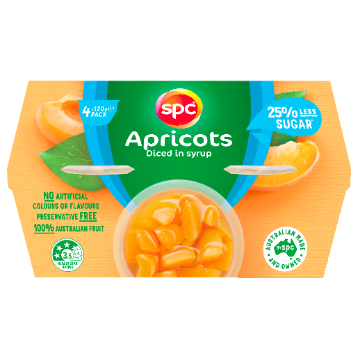 SPC 25% Less Sugar Diced Apricots in Juice Fruit Cups 4x120g